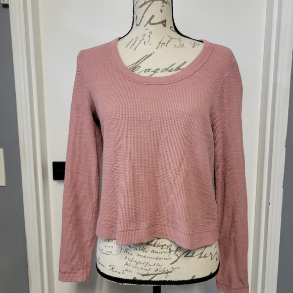 2/$16 Long Sleeve Waffleknit Cropped Thermal Tops White Pink XS-S - Picture 2 of 11